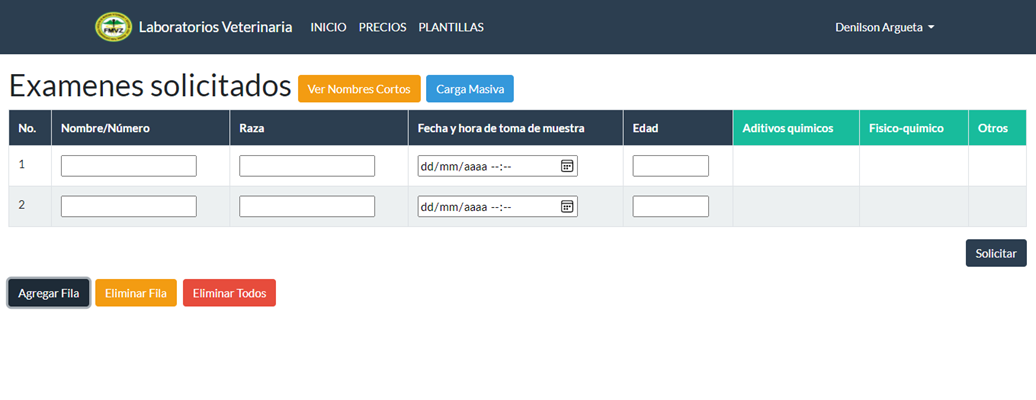 Formulario de ingreso para el laboratorio de Salud Pública