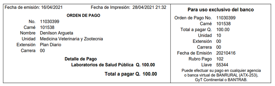 Ejemplo de boletas de pago generadas en el sistema para poder pagar en los bancos afiliados a la Universidad de San Carlos de Guatemala