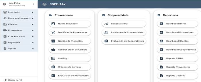 Menú principal de herramienta ERP para la Cooperativa Copejaay