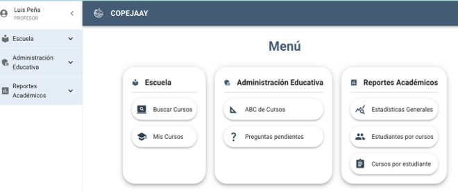 Menú de gestión educativa y creación de contenidos