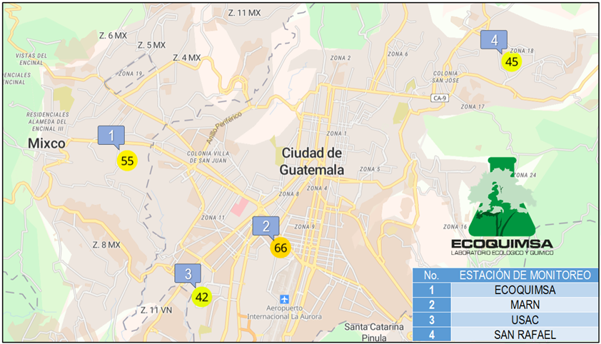 Ubicación sensores de Monitoreo de Calidad de Aire Ciudad de Guatemala. Fuente: https://map.purpleair.com